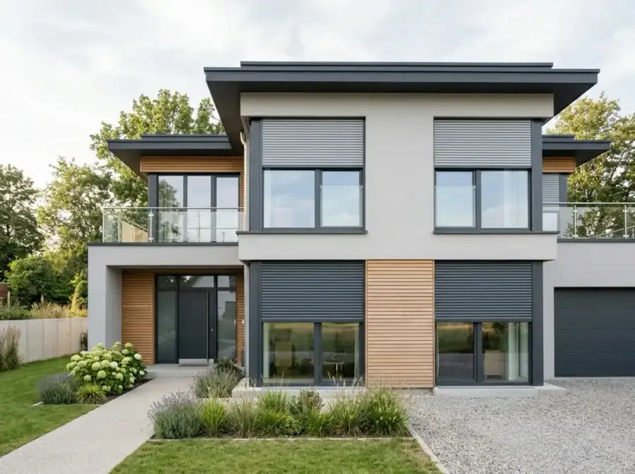 Rollladen an einer Hausfassade, halb heruntergelassen