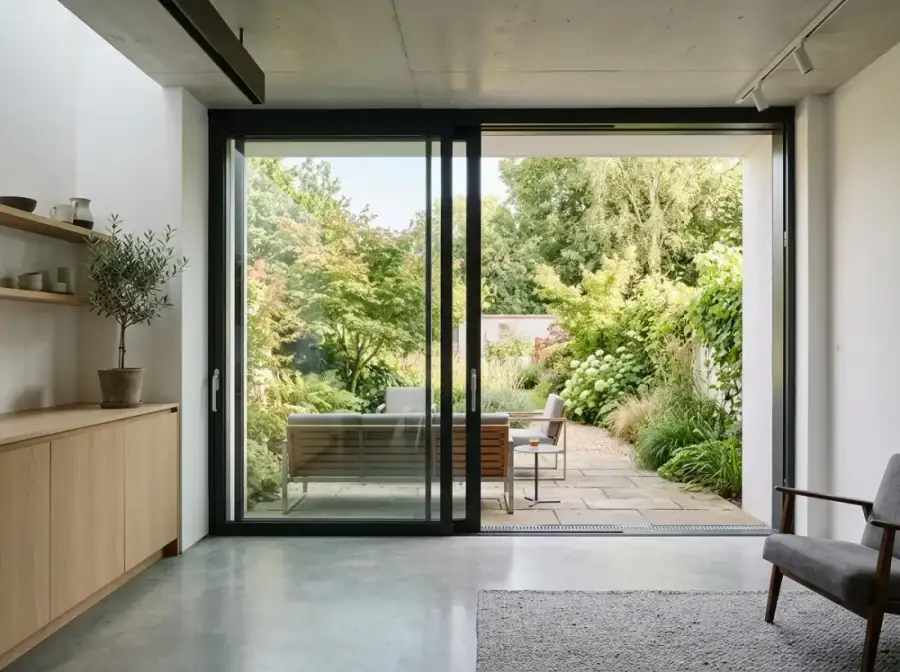 Große Hebe-Schiebetür aus Glas zur Terrasse